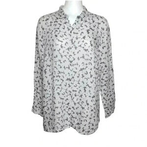 J. Jill Womens Size Large Off-White Gray Floral Love Linen Button Down Shirt